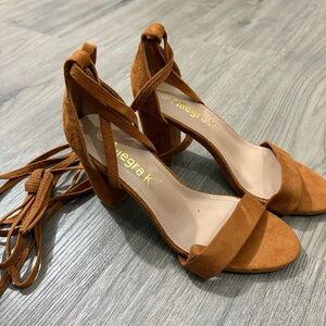 Allegra K Lace Up Brown Heels Faux Suede Block Heel Open Toe Strappy Size 6.5